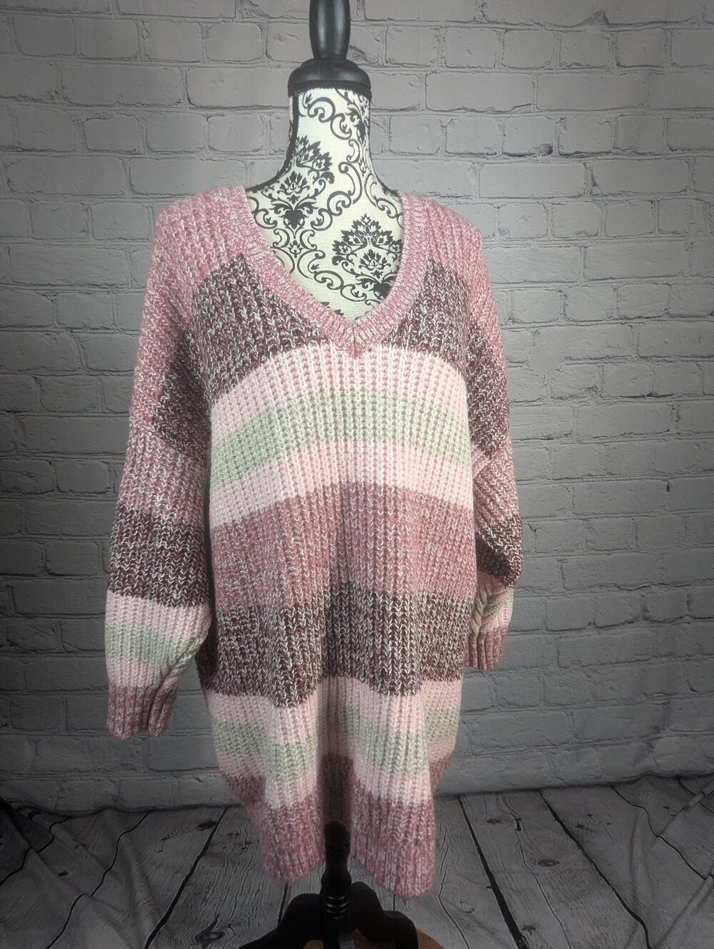 torrid Pink, Cream & Brown Striped V-Neck Sweater